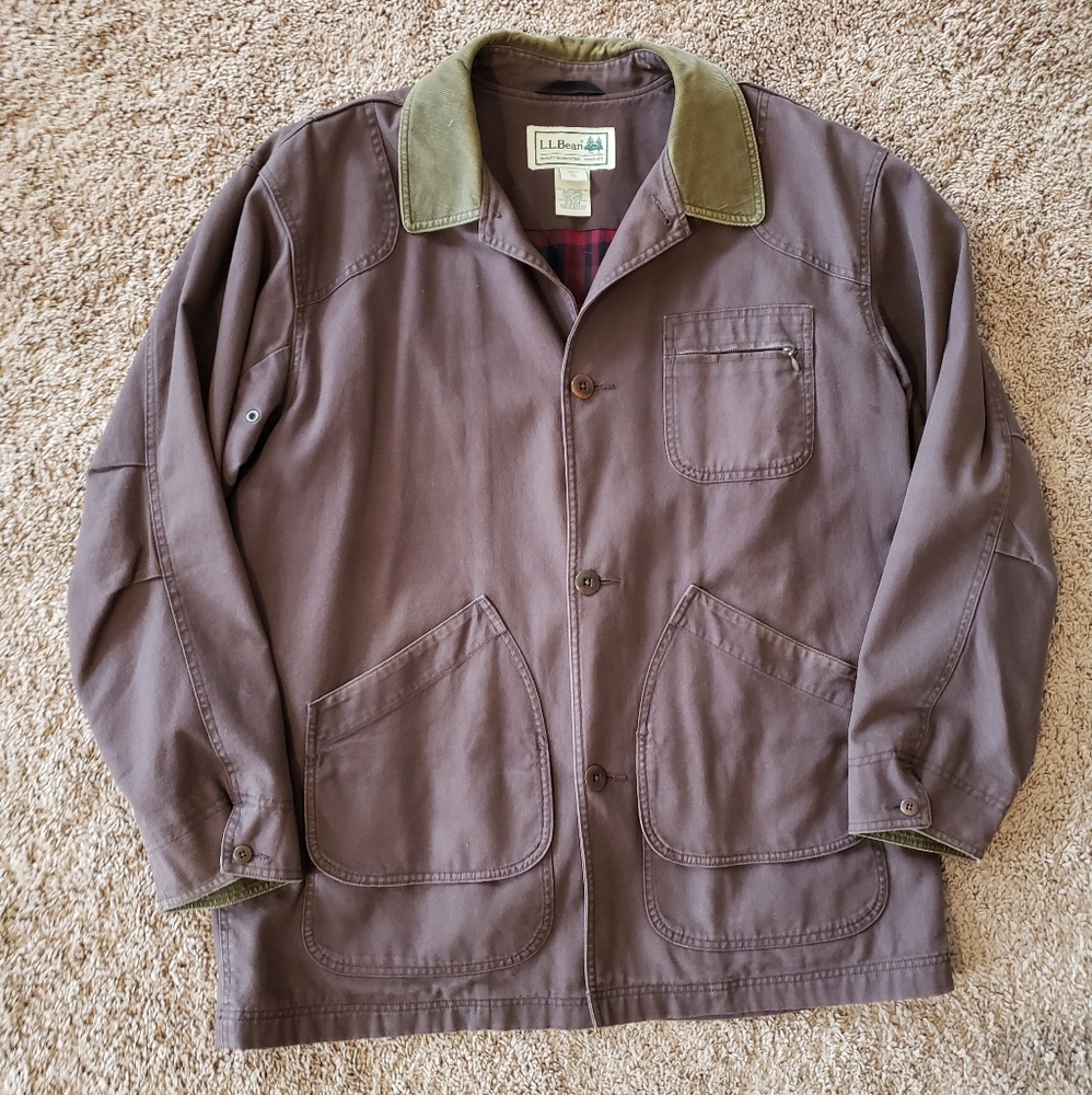 L.L. Bean original field coat cotton plaid lined canvas hunting olive mens XL